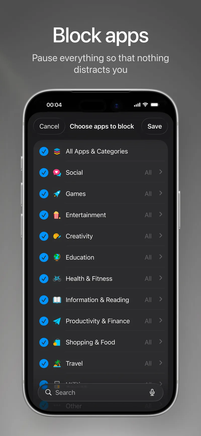 App Store screenshot: choosing apps to block