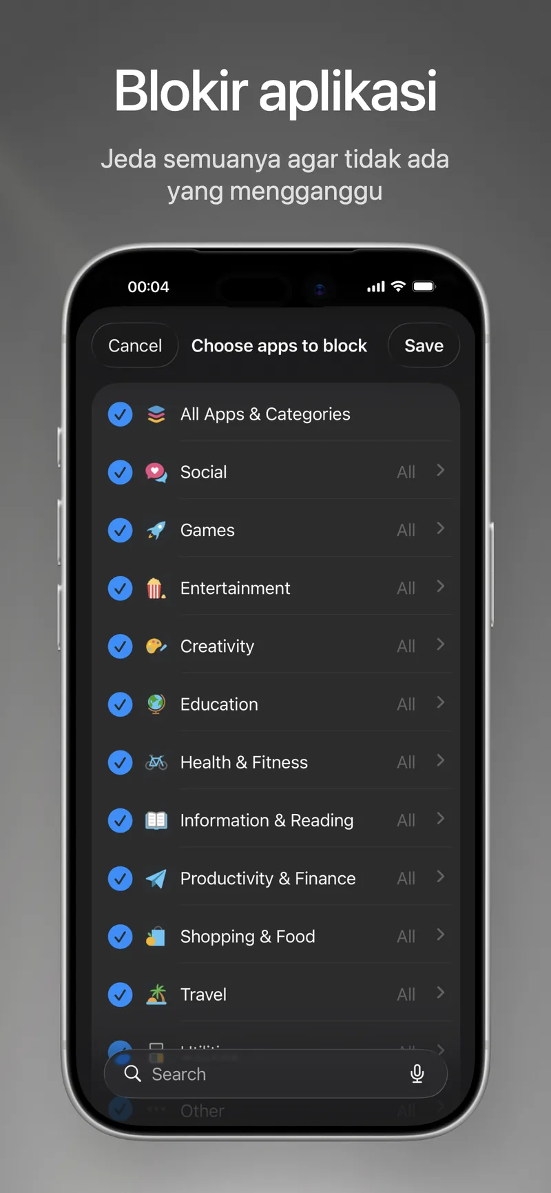 Tangkapan layar App Store: memilih aplikasi yang diblokir