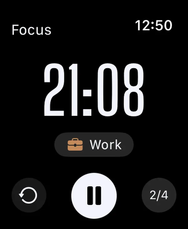 Capsla on Apple Watch: a focus phase with the tag Work